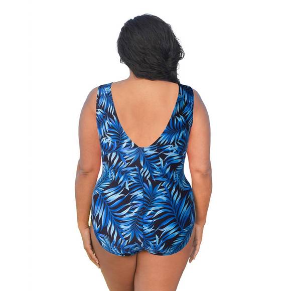 NEW ALWAYS FOR ME plus size double v plunge one piece swimsuit in blue palms - Picture 2 of 2